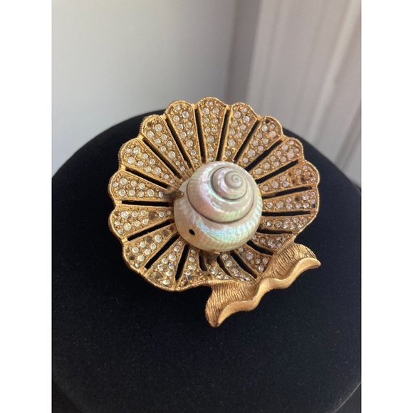 RARE Nautical Giant Clamshell w/Rhinestones & Shell Cadoro Brooch 1920s Style